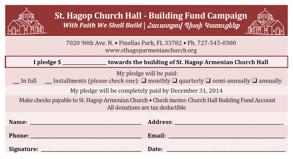 Have you filled out your church hall pledge card? Every donation counts!